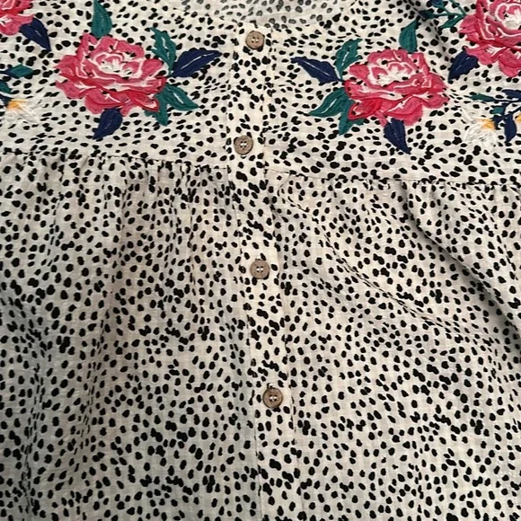 Oddy Women’s Black Spotted Button Down Oversized Blouse Floral Embroidery Medium - Picture 4 of 8